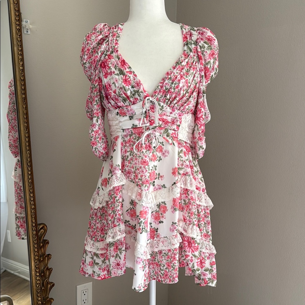 For Love And Lemons Pink and Red Puff Sleeve Mini Dress